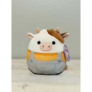 New HTF Squishmallow 8” Ronnie The Brown Cow Bull Farmer Overalls Plush 2023